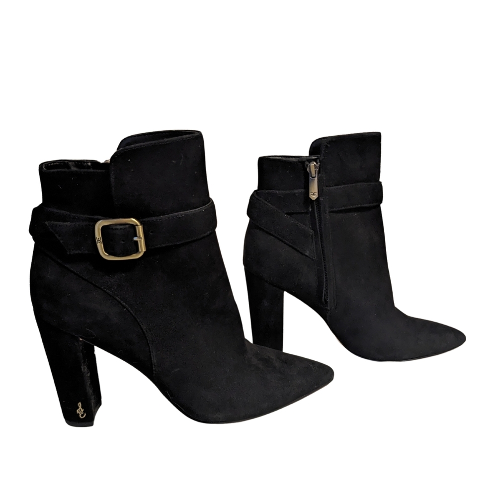 Sam Edelman Black Leather Ankle Booties Pointed Toe Buckle Block Heel  Size 9.5